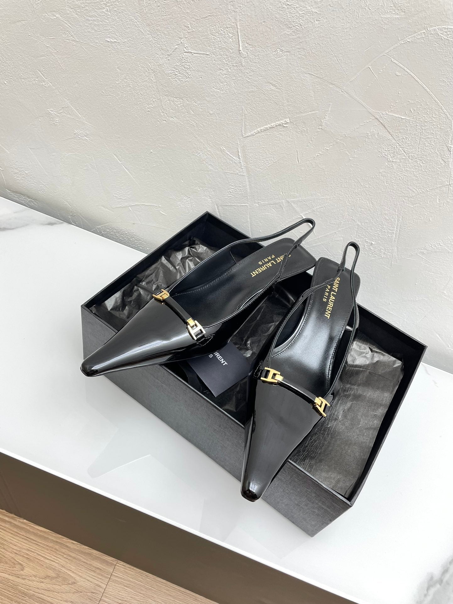 CARINE SLINGBACK PUMPS 45 IN PATENT BLACK LEATHER