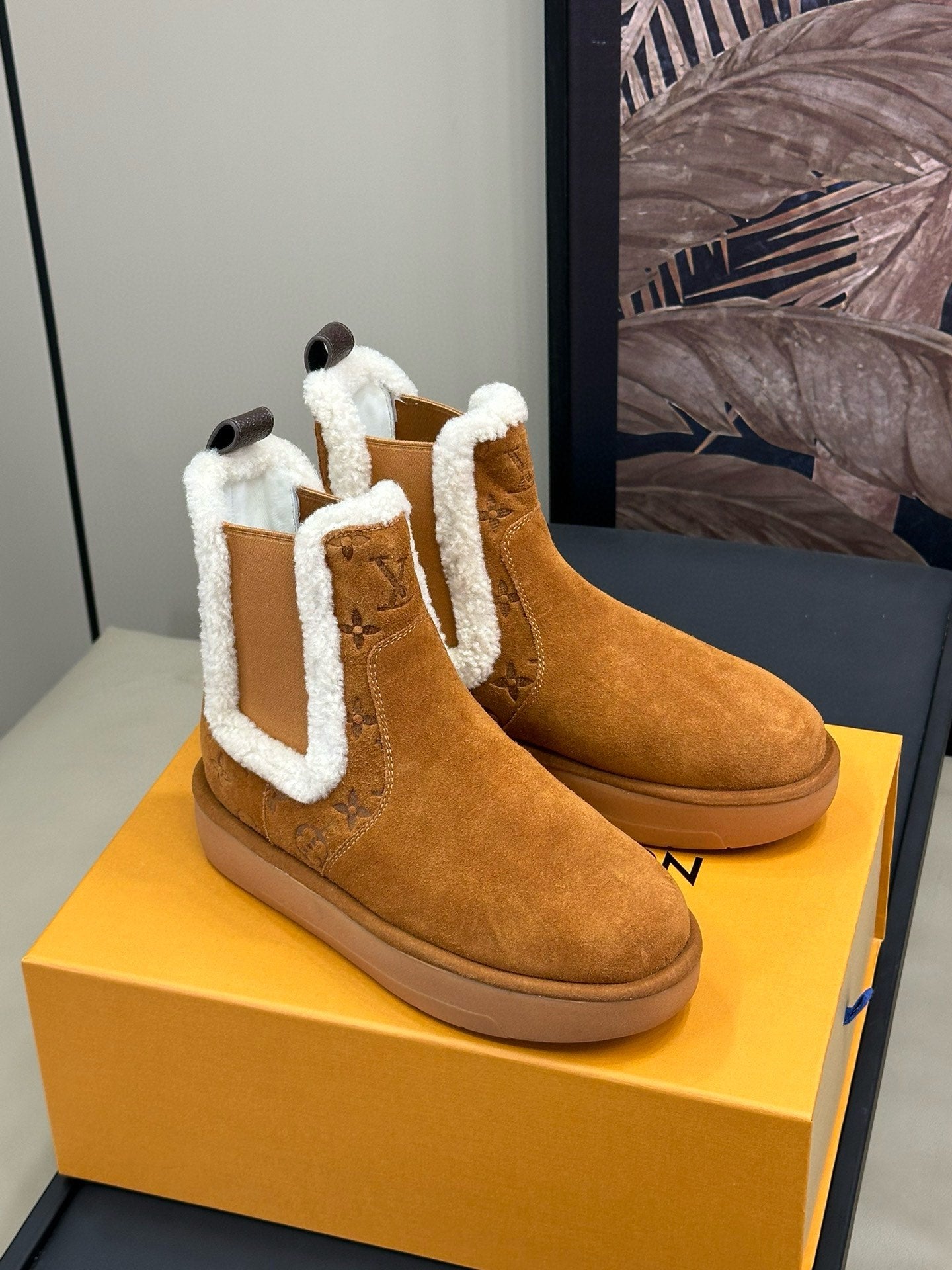 ASPEN CHELSEA ANKLE BOOTS IN BRONZE BROWN MONOGRAM-DEBOSSED SUEDE