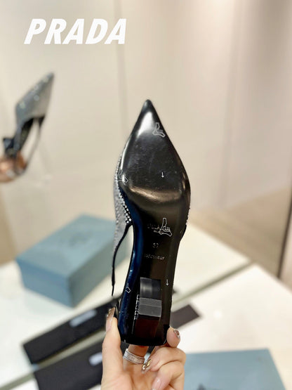 PRA SLINGBACK PUMPS BLACK SATIN WITH WHITE CRYSTALS