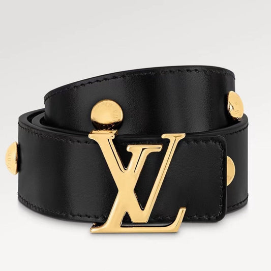 LV INITIALES STUDS 30 MM REVERSIBLE BELT IN BLACK CALFSKIN GOLD HARDWARE