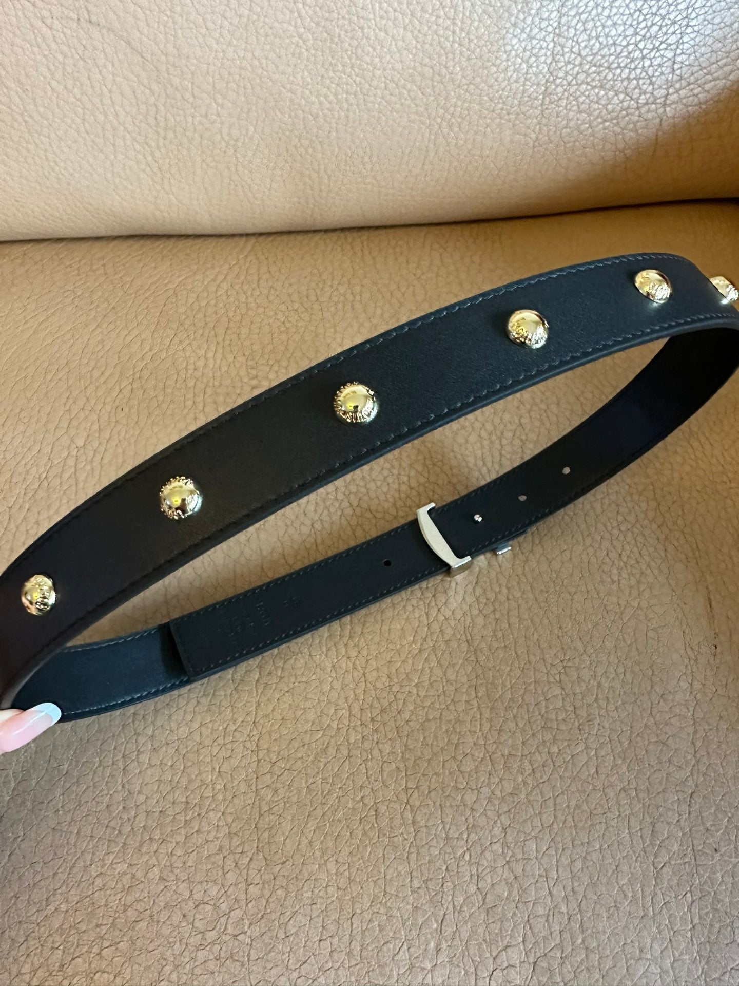 LV Initiales Studs 30mm Reversible Belt Silver Buckle Black Leather