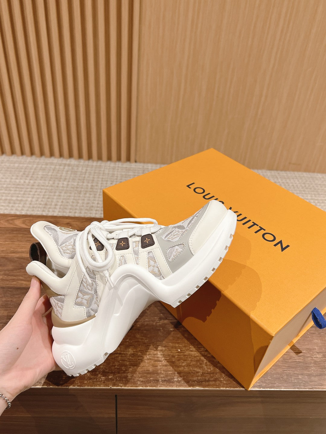 LV ARCHLIGHT SNEAKER IN WHITE MIX PALE GRAY CALFSKIN AND MONOGRAM DENIM
