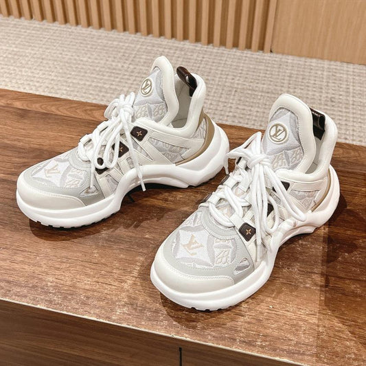 LV ARCHLIGHT SNEAKER IN WHITE MIX PALE GRAY CALFSKIN AND MONOGRAM DENIM