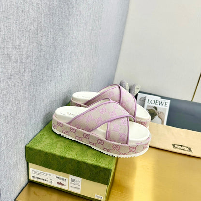 GG SLIDE SANDAL PASTEL PINK CANVAS CROSS STRAPS
