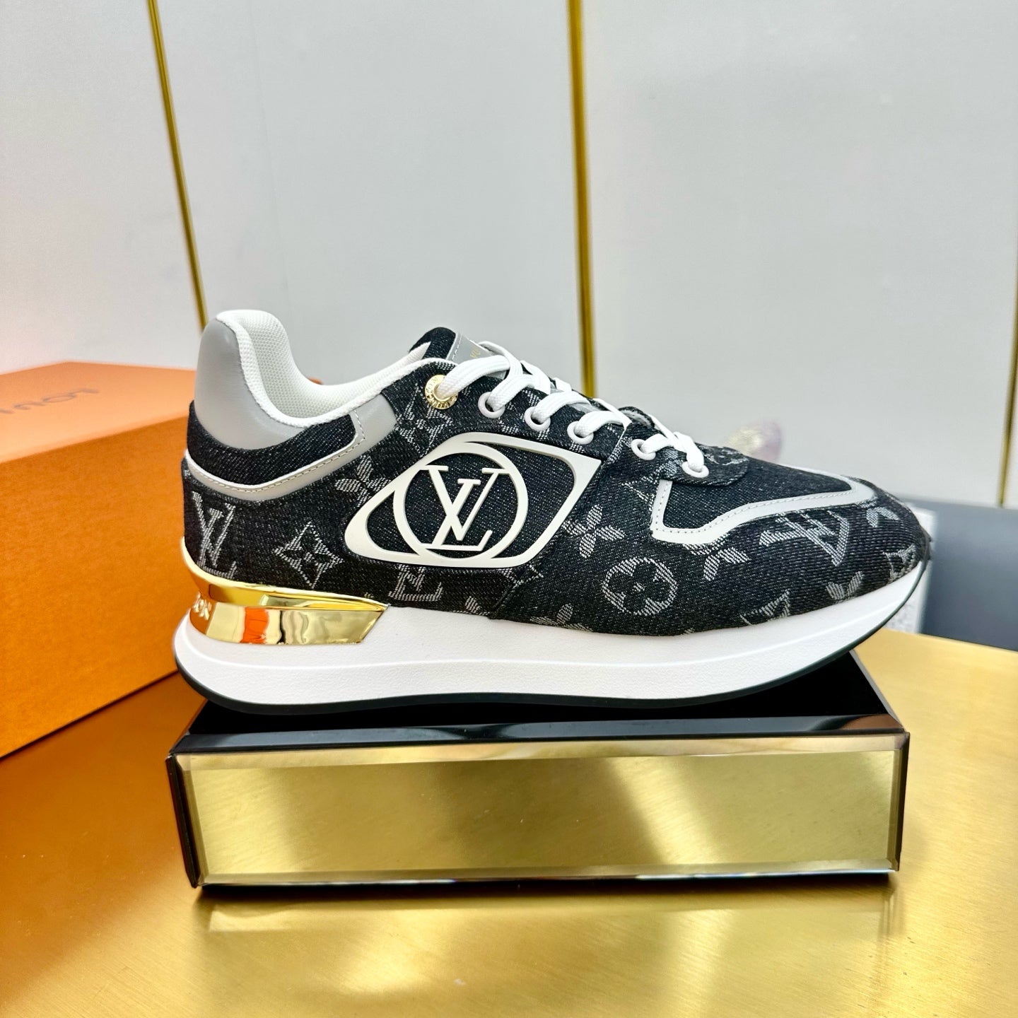 NEO RUN AWAY SNEAKER IN BLACK MONOGRAM DENIM FABRIC