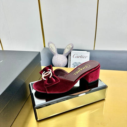 BOWKNOT RHINESTONES MID HEEL MULE IN GARNET RED VELVET