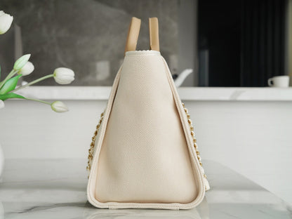 TOTE BAG 39 ATTACHED PEARL LOGO IN BEIGE CANVAS GOLD HARDWARE