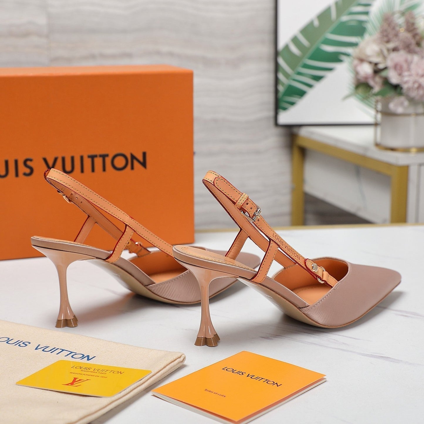 LV WOMEN BLOSSOM SLINGBACK PUMP IN NUDE BEIGE EMBROIDERED FABRIC