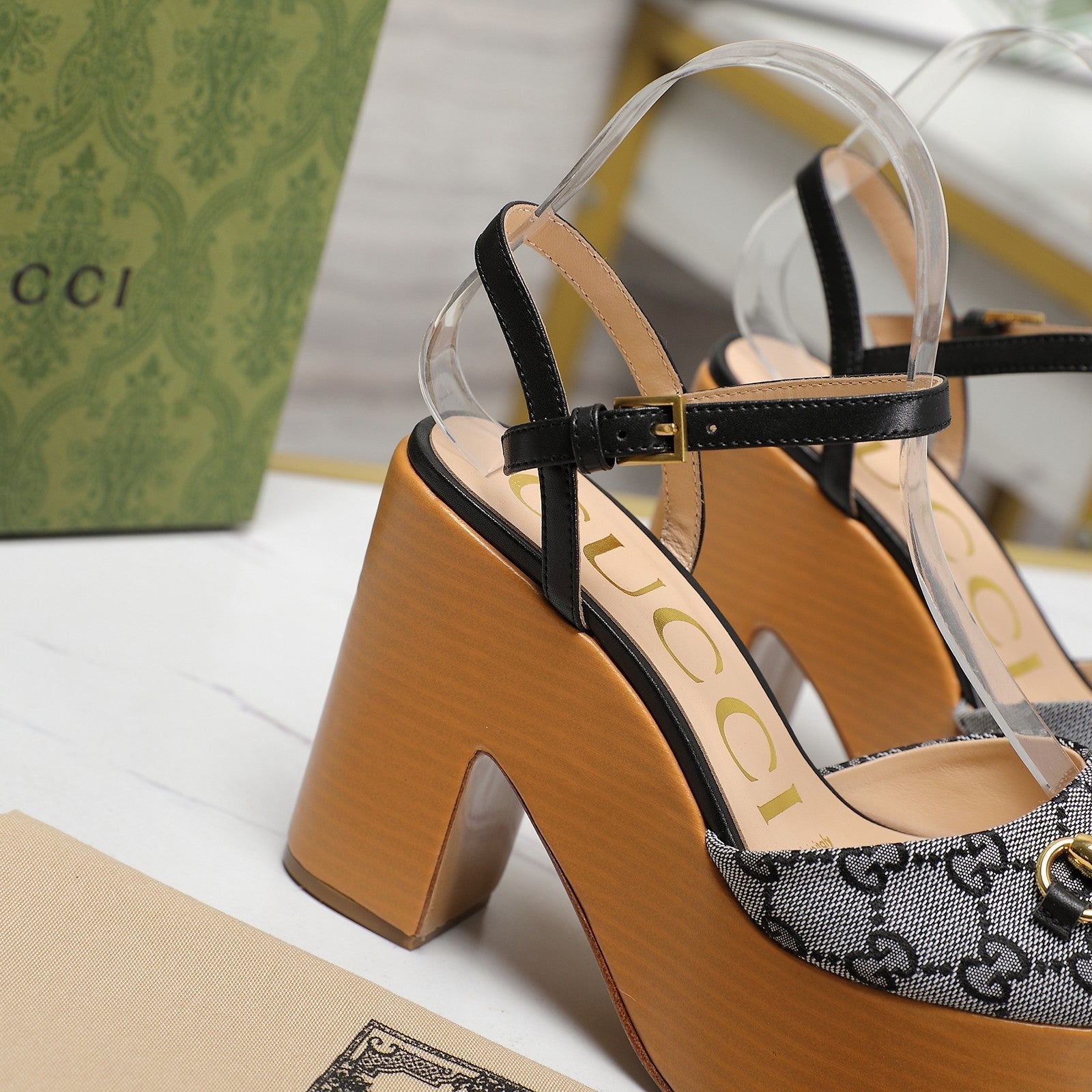 GG HORSEBIT WEDGE SANDAL IN BLACK MONOGRAM JACQUARD FABRIC AND SHEEPSKIN LINING
