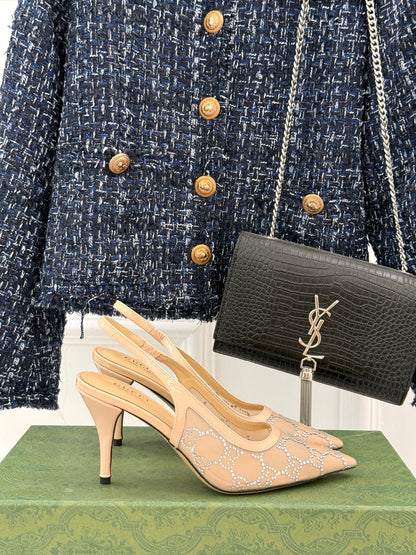 GG HIGH SLINGBACK 8.5 CM IN BEIGE CLASSIC POINTED-TOE MESH WITH RHINESTONE EMBELLISHMENTS