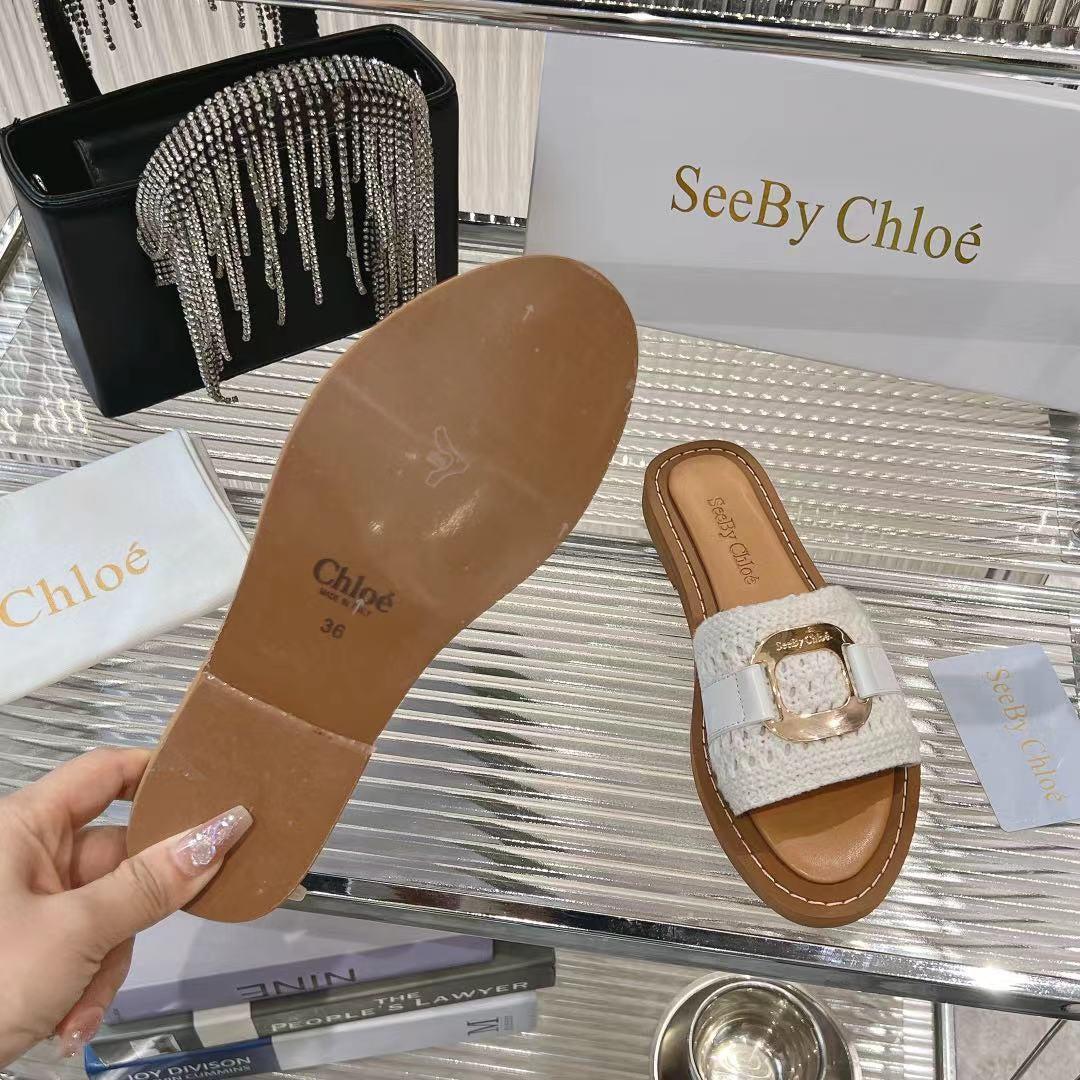 WOVEN SLIDE MULE IN WHITE WOOL AND BROWN LAMBSKIN GOLD HARDWARE
