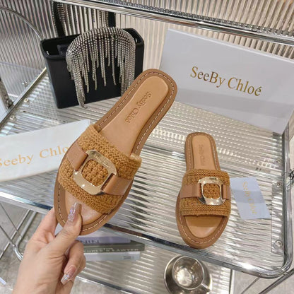 WOVEN SLIDE MULE IN RUSSET BROWN WOOL AND LAMBSKIN GOLD HARDWARE