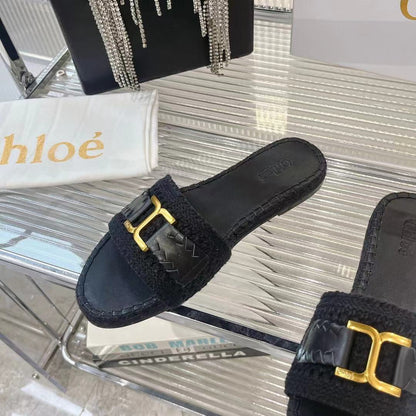 WOVEN SLIPPER IN BLACK WOOL AND LAMBSKIN GOLD HARDWARE