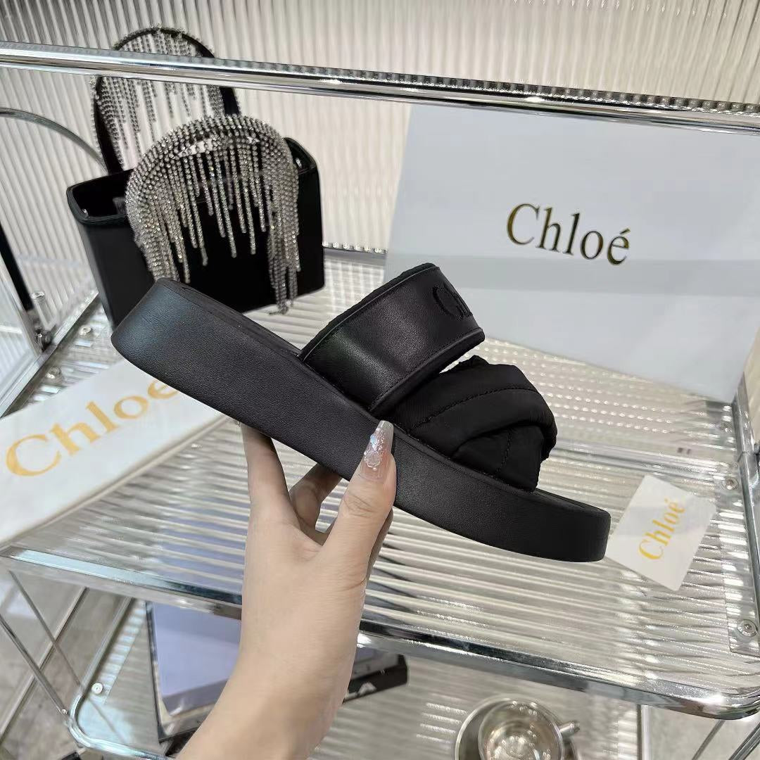 MILA FLAT SLIDES 5 CM IN BLACK CALFSKIN AND RE-NYLON
