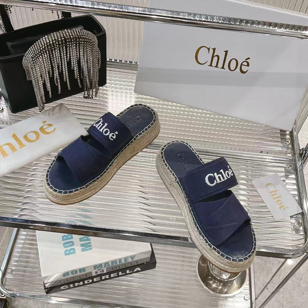 MILA PLATFORM 5 CM IN NAVY BLUE FABRIC AND BEIGE RAFFIA