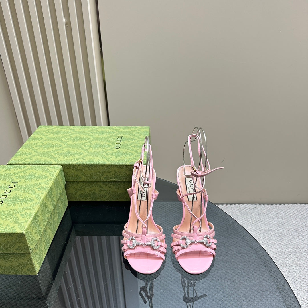 CRYSTAL HORSEBIT STRAPPY SANDAL 10.5CM IN LIGHT PINK PATENT LEATHER