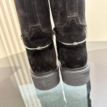 SLIM HORSEBIT KNEE BOOTS WITH WEB IN BLACK SUEDE