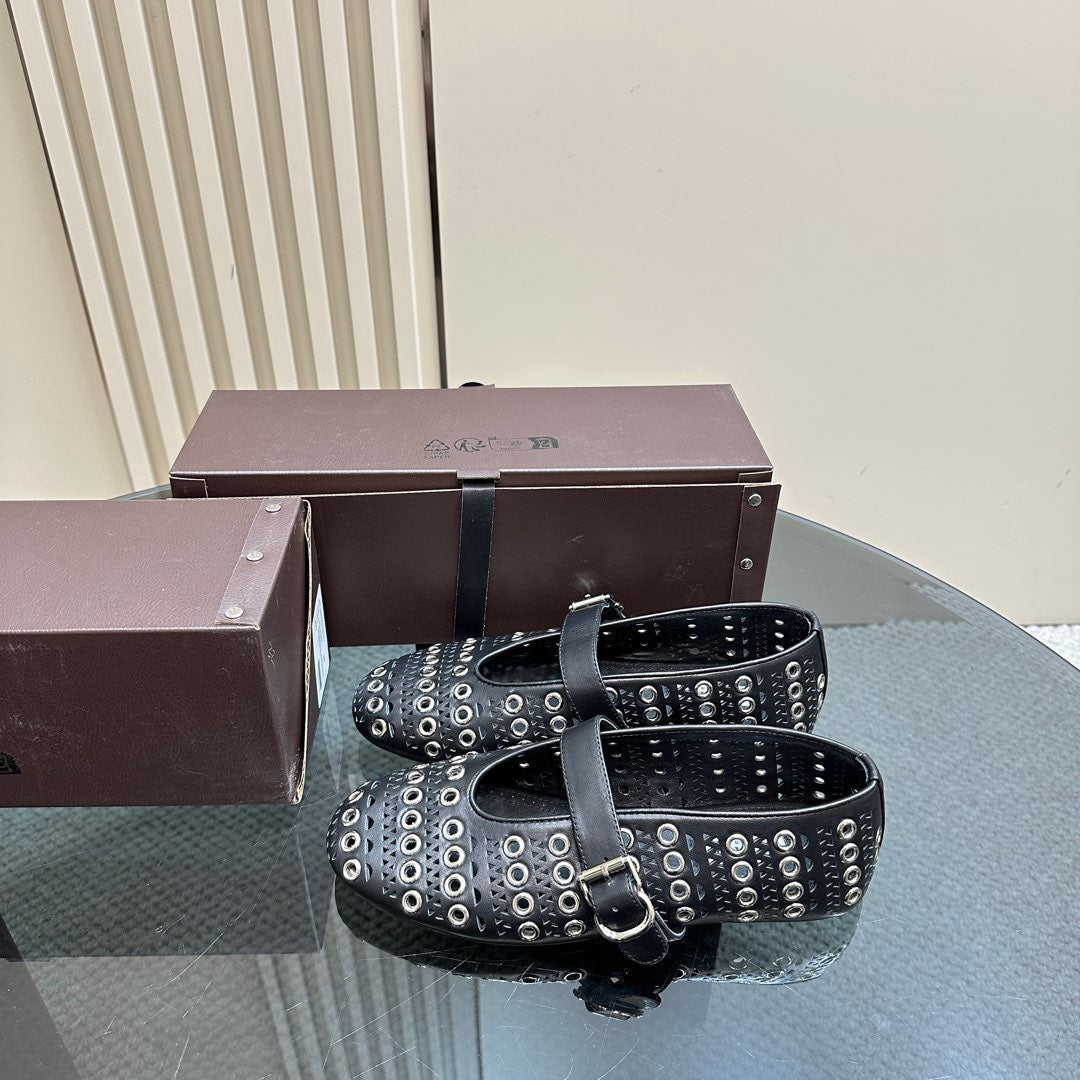 STRASS BALLET FLATS IN BLACK CALFSKIN