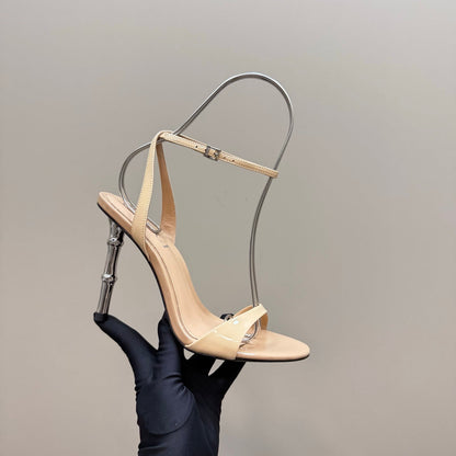 STRAP HIGH BAMBOO-EFFECT HEEL SANDAL IN BEIGE PATENT CALFSKIN