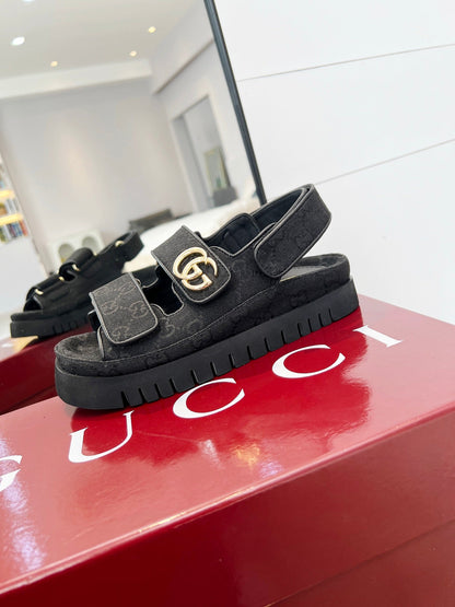 VELCRO STRAP SANDALS IN BLACK MONOGRAM CANVAS GOLD HARDWARE