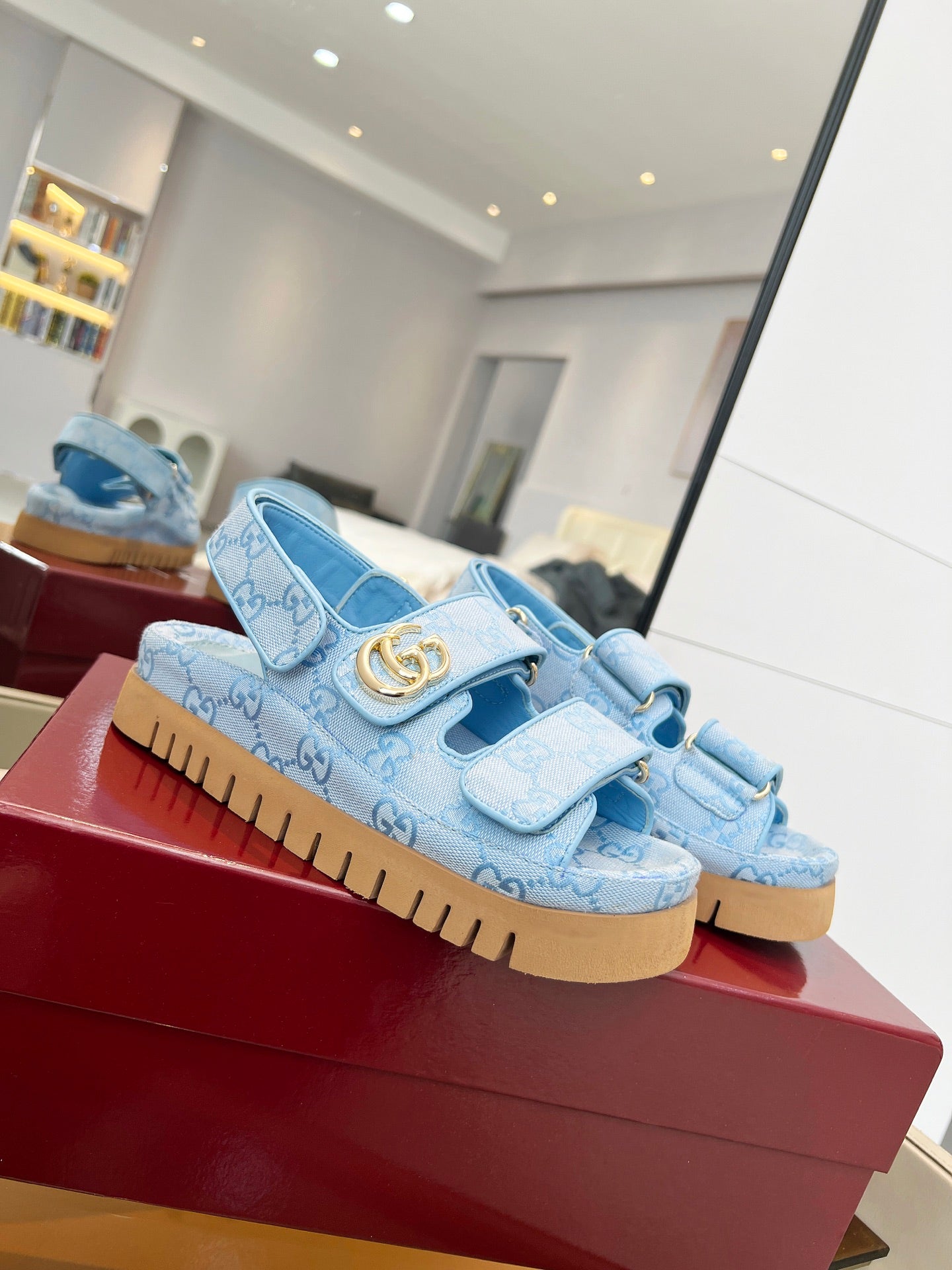 VELCRO STRAP SANDALS IN SKY BLUE MONOGRAM CANVAS GOLD HARDWARE