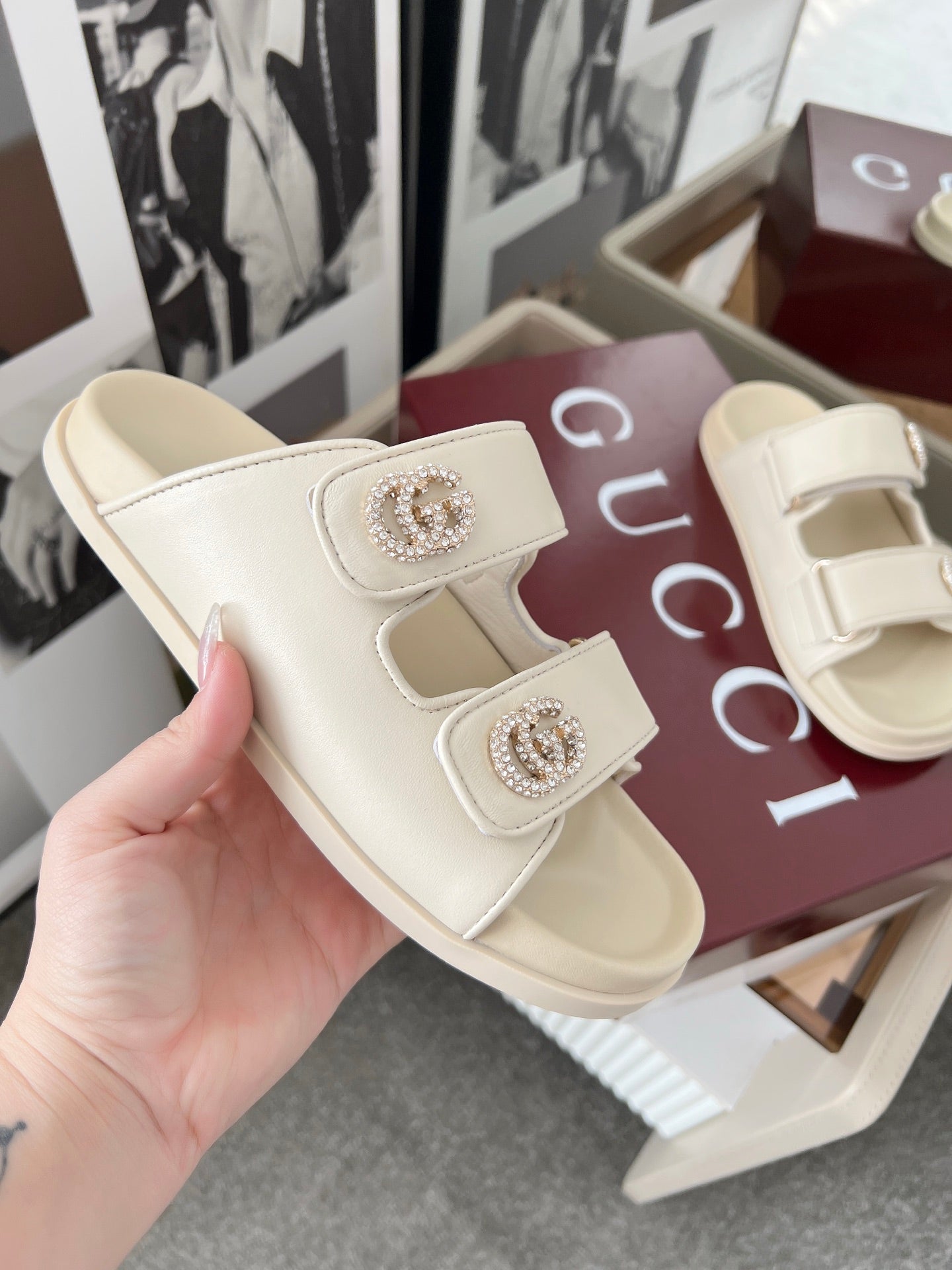 DOUBLE G CRYSTAL FLAT SANDALS IN IVORY SOFT LAMBSKIN