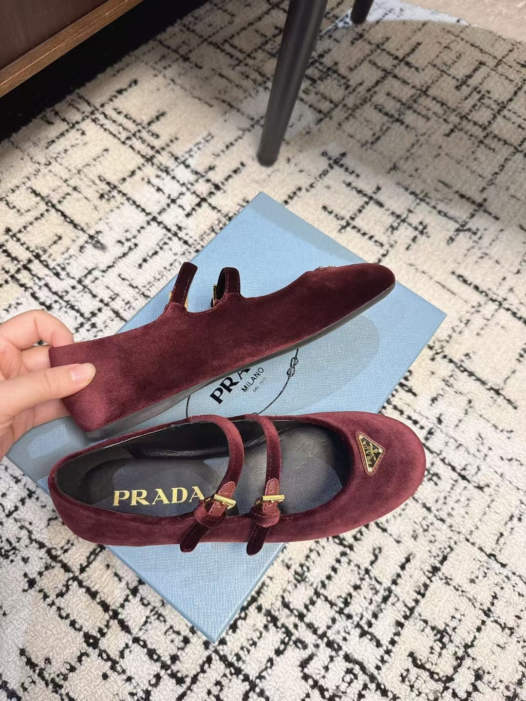 MARY JANE FLAT WITH TRIANGLE LOGO IN SANGRIA RED VELVET