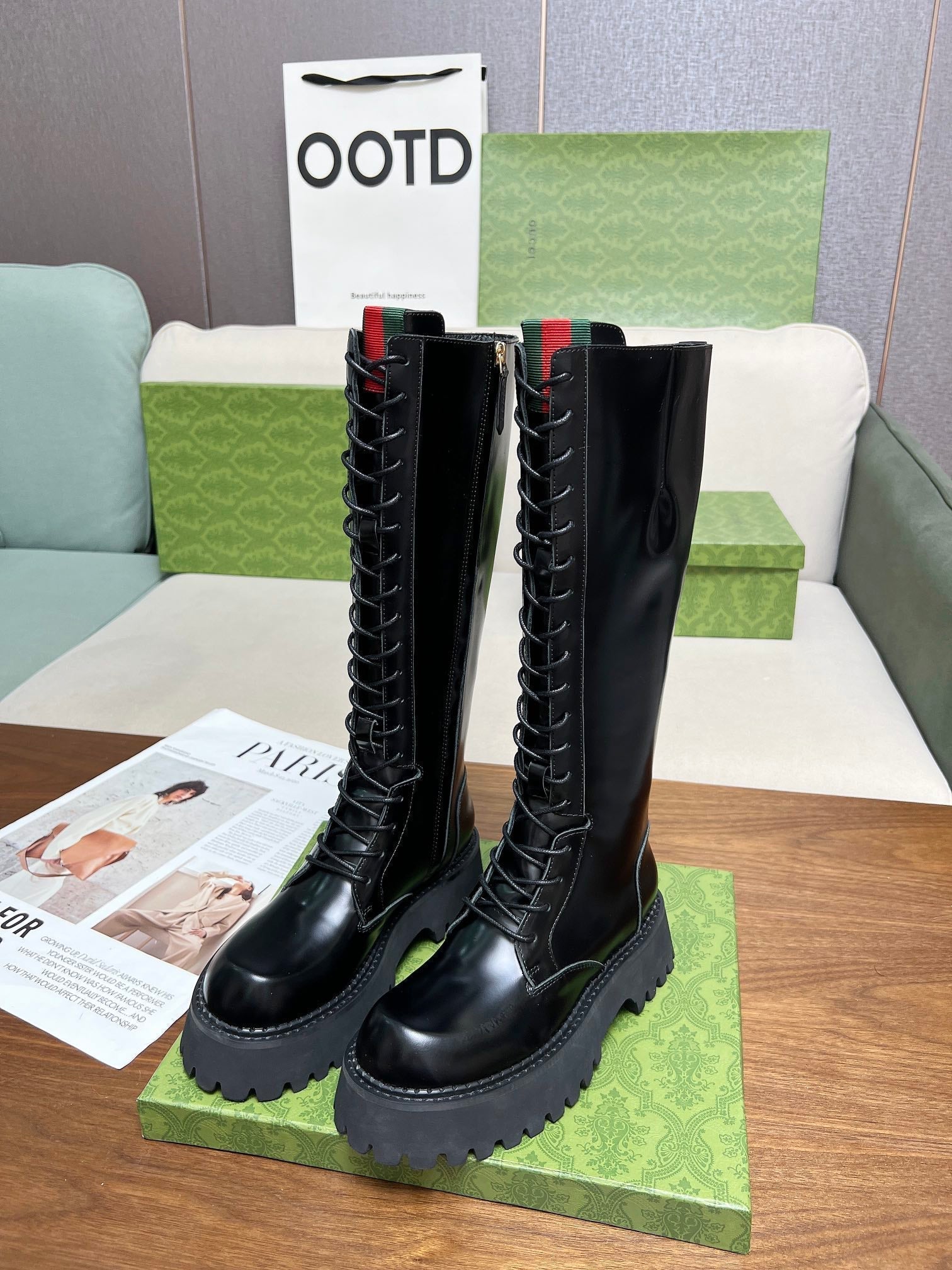 GG MARTIN LACE-UP KNEE BOOTS WITH WEB IN BLACK GLOSSY CALFSKIN