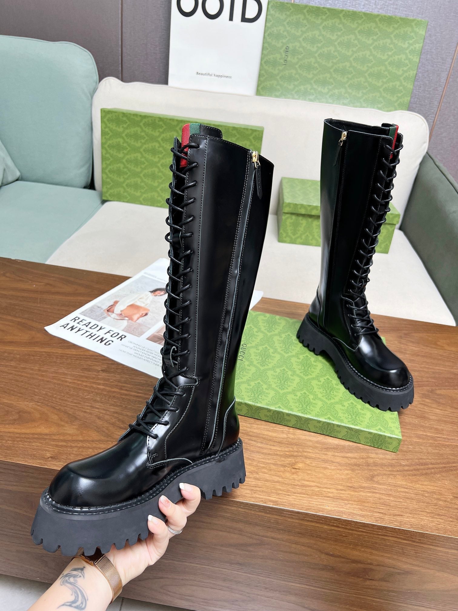 GG MARTIN LACE-UP KNEE BOOTS WITH WEB IN BLACK GLOSSY CALFSKIN