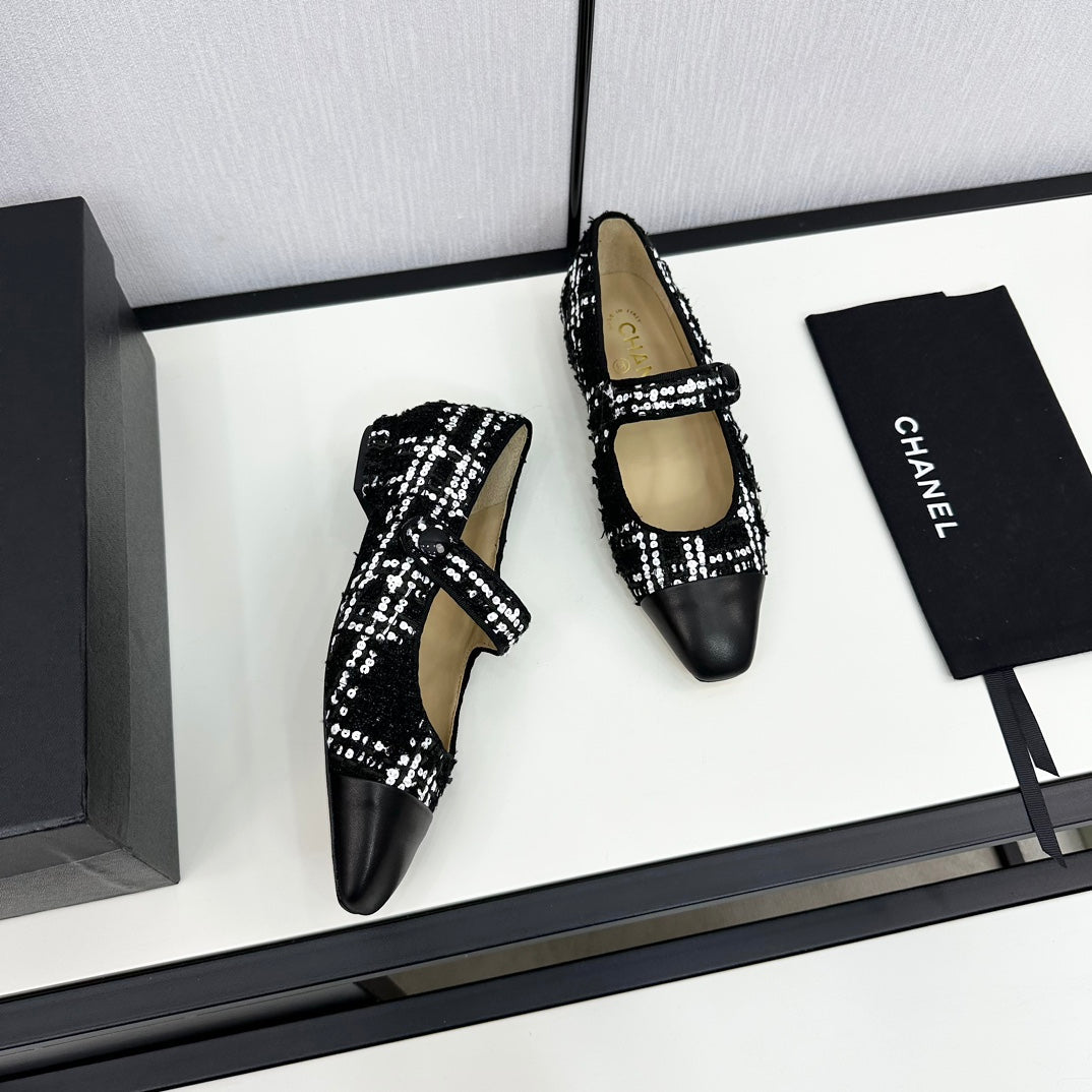 MARY JANE BLACK MIX WHITE TWEED AND CALFSKIN