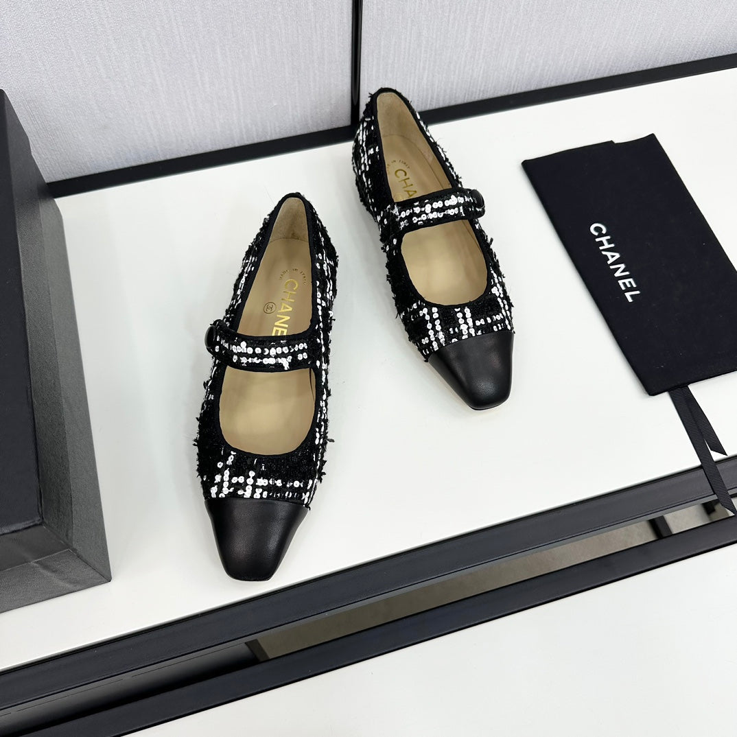 MARY JANE BLACK MIX WHITE TWEED AND CALFSKIN