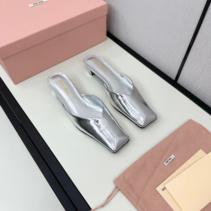 SQUARE TOE MULES SILVER SHEEPSKIN
