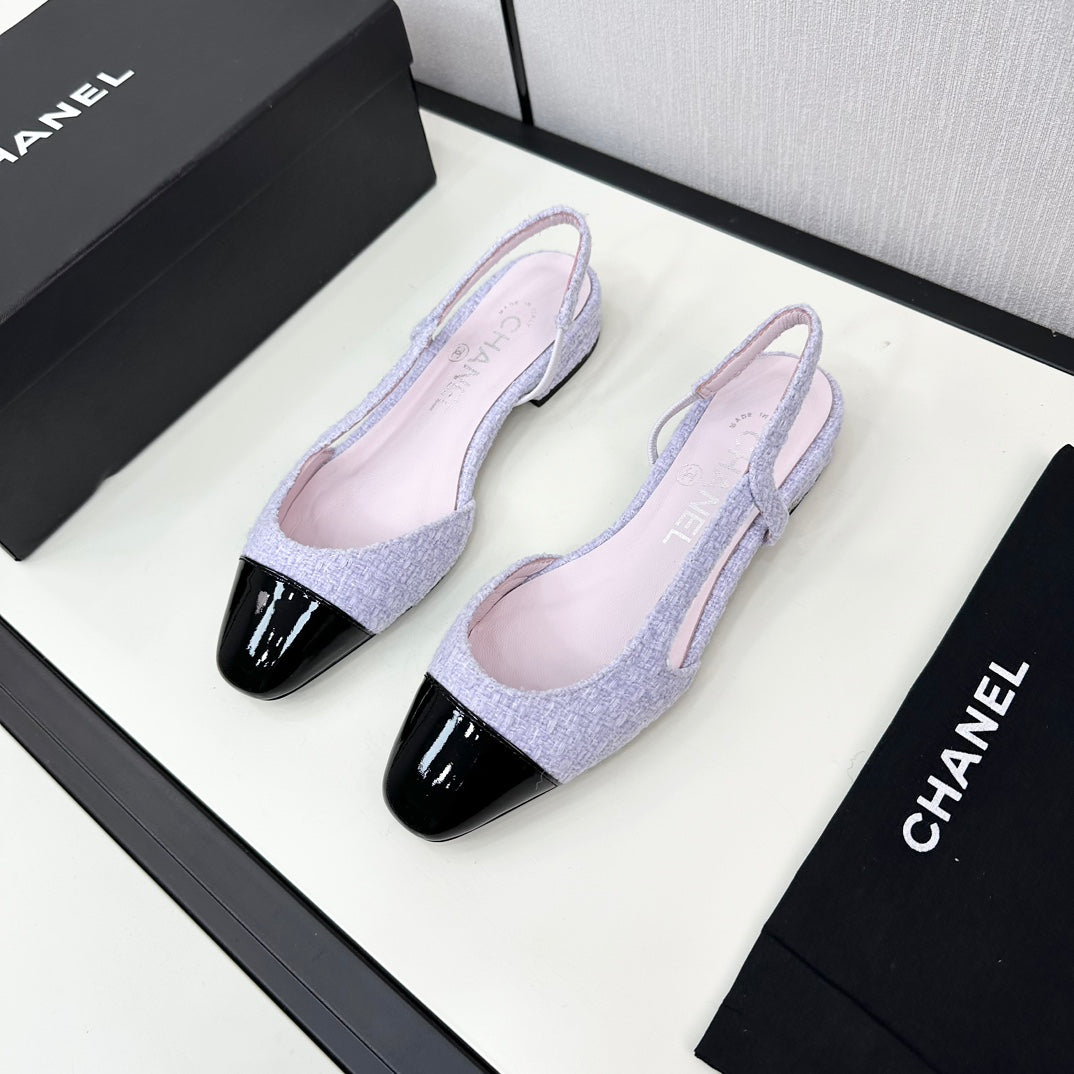 SLINGBACK LIGHT BLUE TWEED AND BLACK CALFSKIN