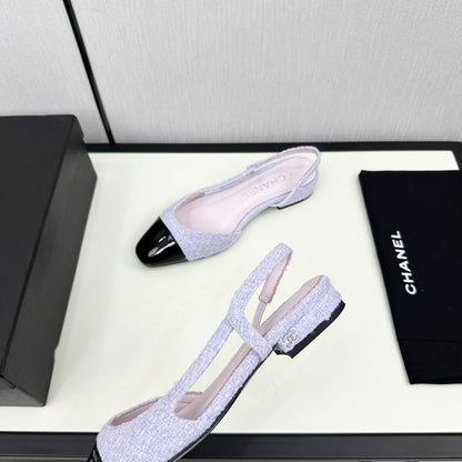 SLINGBACK LIGHT BLUE TWEED AND BLACK CALFSKIN