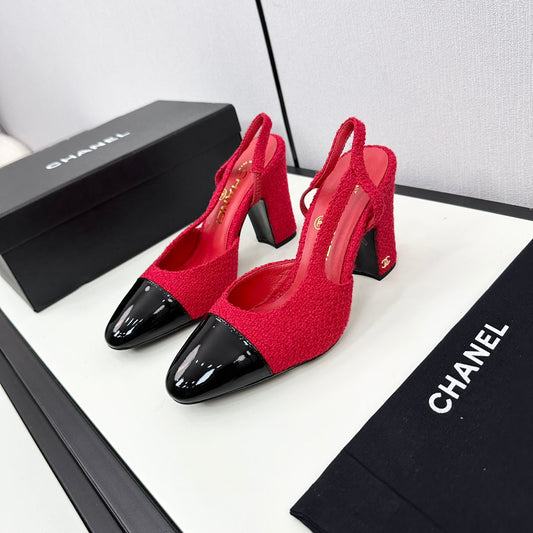 HIGH SLINGBACK ROSE RED TWEED AND BLACK CALFSKIN