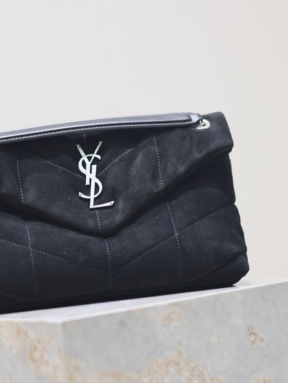 PUFFER SMALL 29 IN BLACK SUEDE SILVER HARDWARE