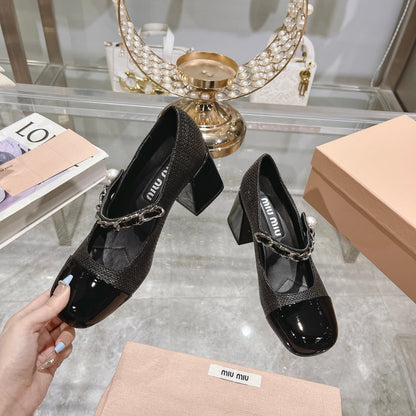 MARY JANE SANDAL CAP TOE BLACK SHEEPSKIN - HIGH HEEL