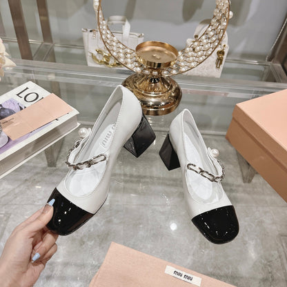 MARY JANE SANDAL CAP TOE WHITE SHEEPSKIN - HIGH HEEL