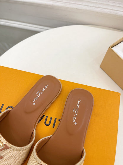 LV WOMEN CAPRI FLAT MULES IN CHOCOLATE BROWN LEATHER AND RAFFIA