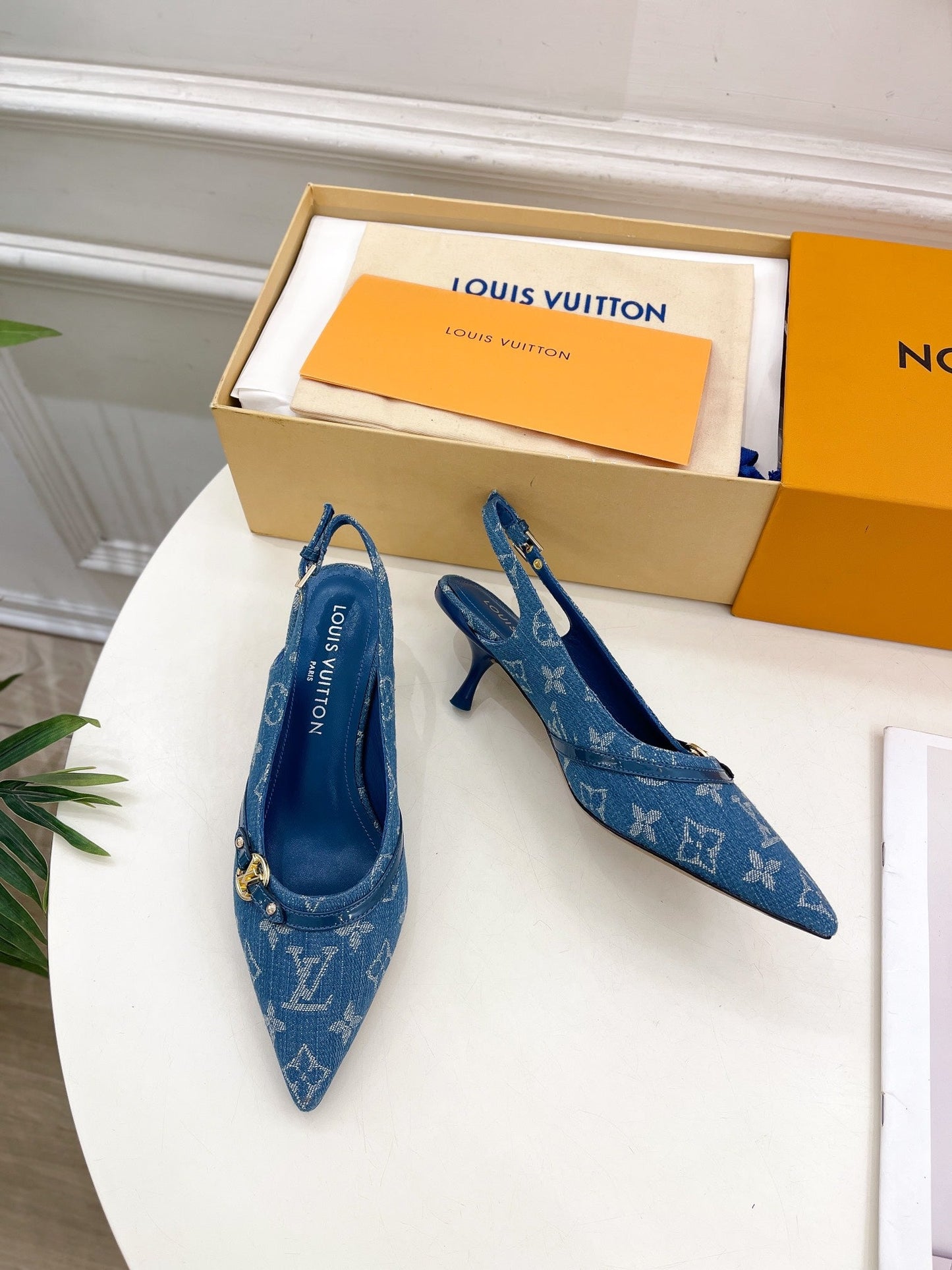 HIGH SLINGBACKS 5 CM IN CLASSIC BLUE MONOGRAM DENIM FABRIC
