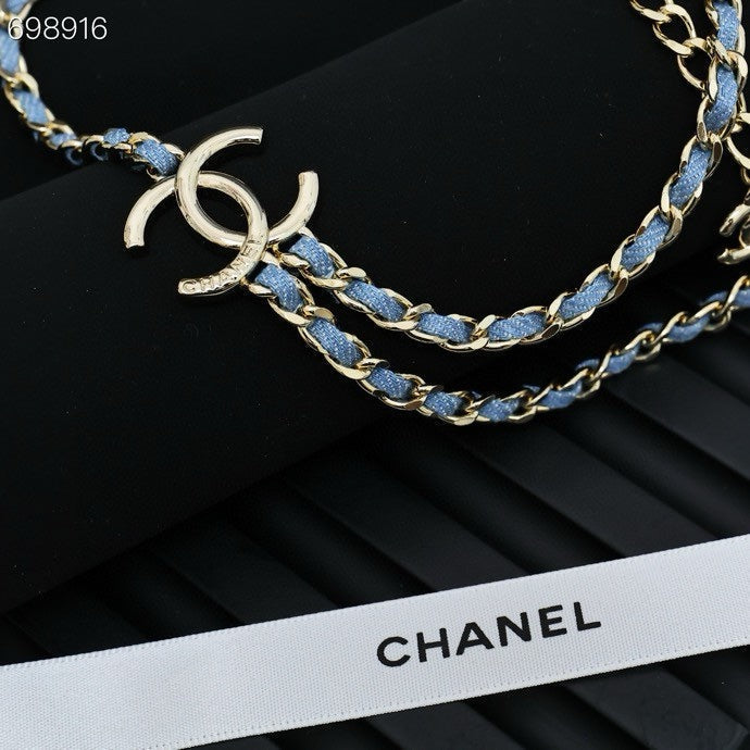 NECKLACE DOUBLE C IN BLUE DENIM BLACK SILVER TWO-LAYER