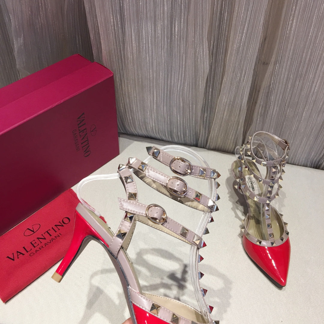 ROCKSTUD CAGED PUMP 65MM IN RUBY RED MIX LIGHT PINK PATENT CALFSKIN