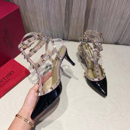 ROCKSTUD CAGED PUMP 65MM IN BLACK MIX LIGHT PINK PATENT CALFSKIN